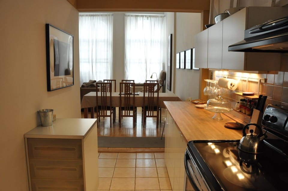 view from kitchen into dining area.
