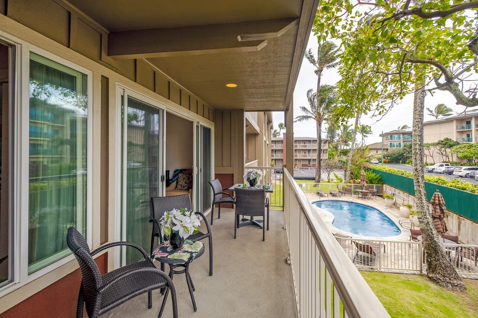 Kauai Rentals | Kauai Kailani 218 | lanai - The large balcony lanai is the perfect spot to enjoy a casual meal al fresco, or relish in the beautiful weather with your morning coffee!