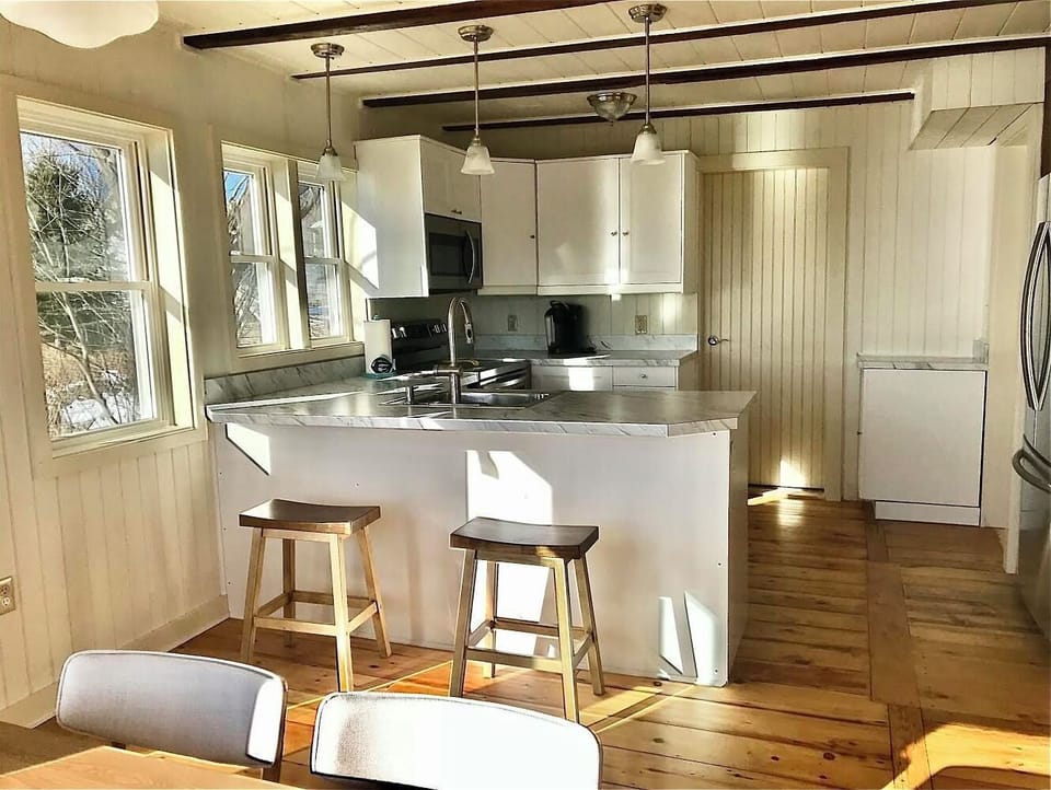 View of kitchen from dining area.
