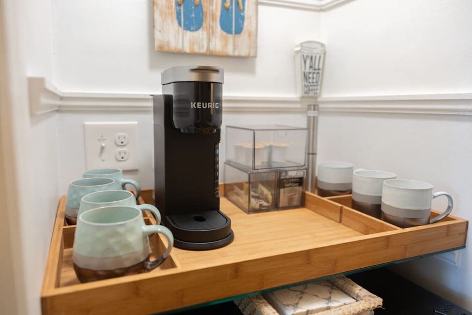 Beverage Center - Keurig, traditional coffeepot, electric kettle.  Starter pack of Keurig cups, teabags, sugar and sweeteners.