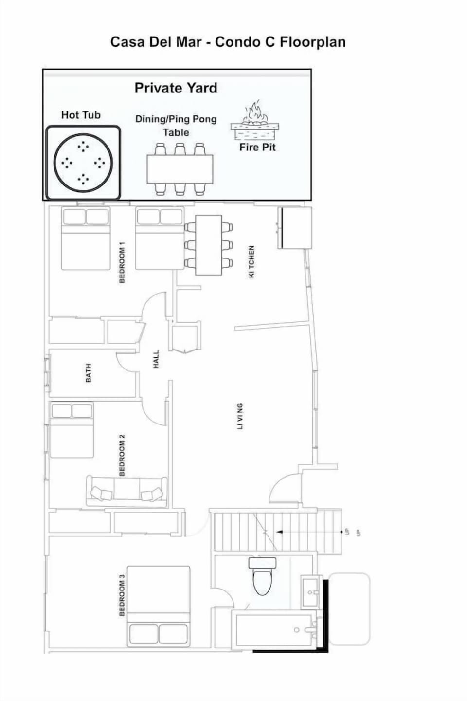 Here is the floorplan for this 3-bedroom / 2 bathroom condo with private yard