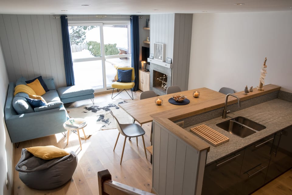 living area and kitchen