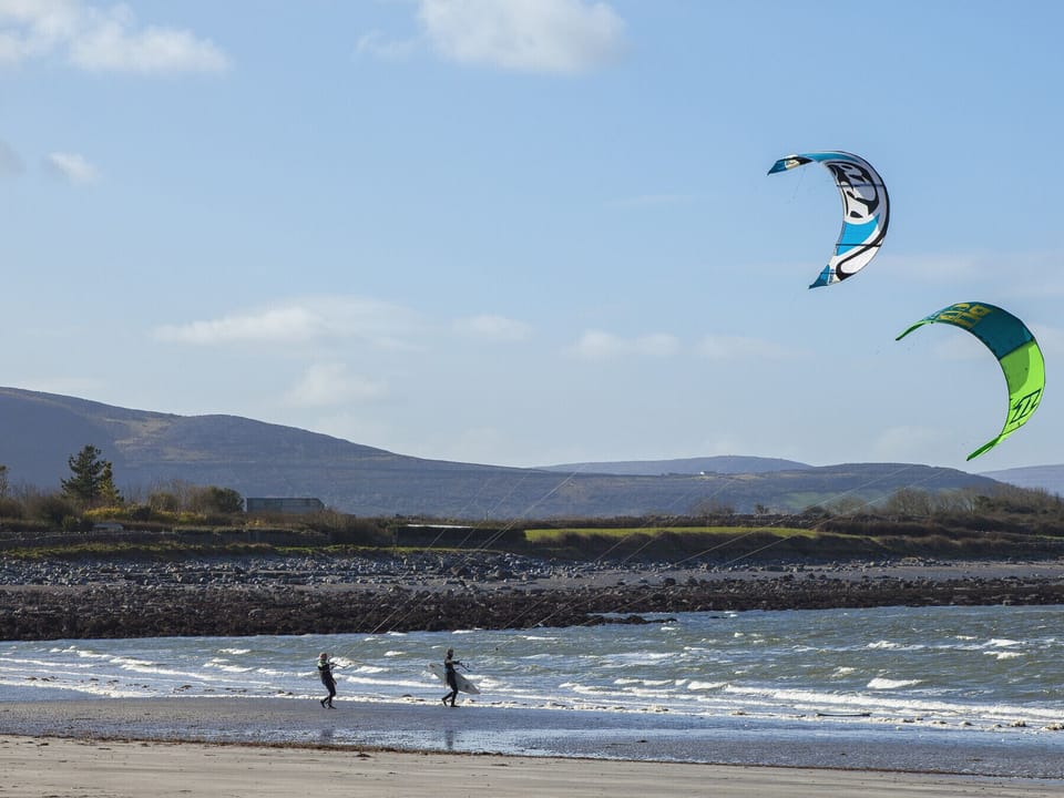 Kitesurfing on Traught Beach, Kinvara, Co Galway Failte Ireland  Courtesy of Stephen Duffy