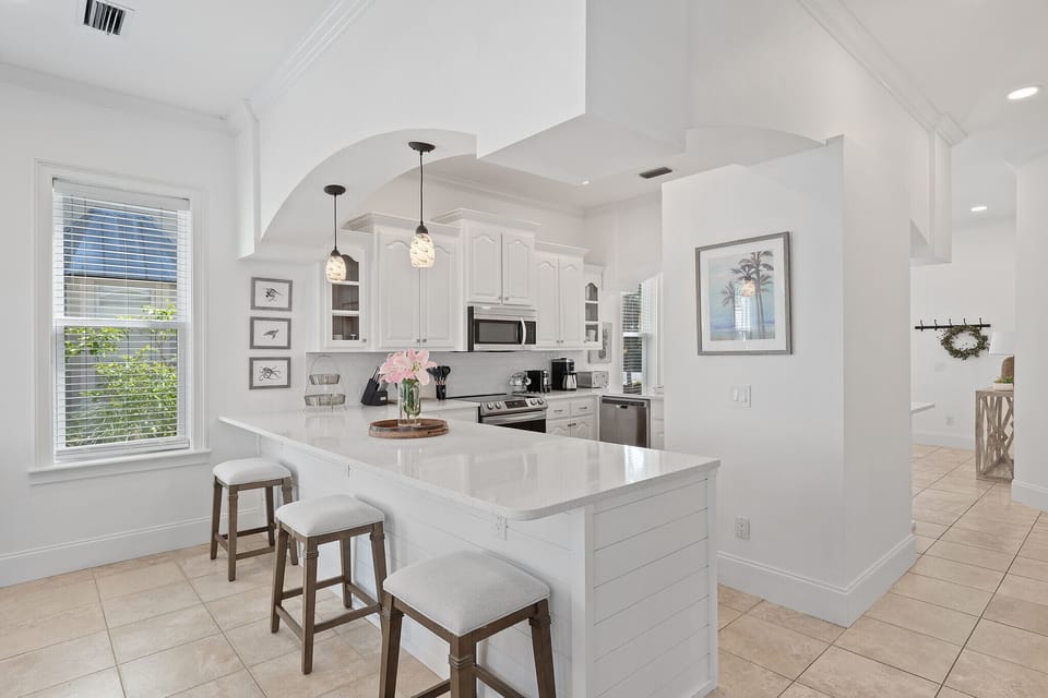 Fully Equipped Kitchen Features New Stove & Microwave; Espresso Maker, Keurig w/ Side Drip Pot, Instapot & Waffle Maker and Plenty of Seating at Both Breakfast Bars
