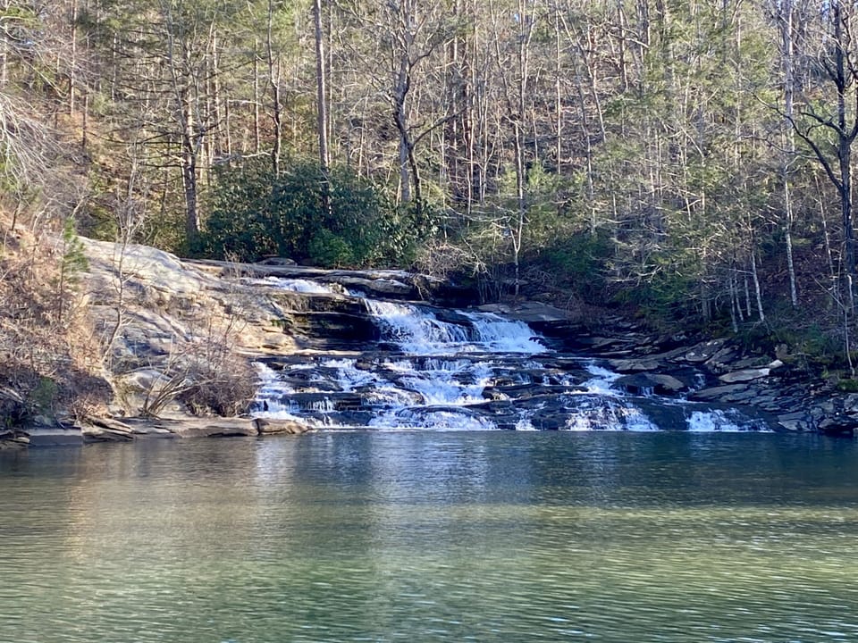 This waterfall into Lake Keowee is a short boat ride away