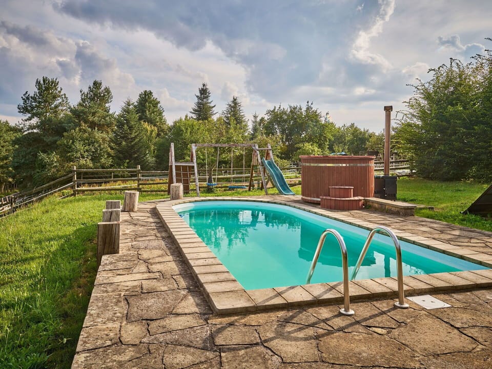 Swimming Pool, Composite Material, Resort, Outdoor Furniture, Flagstone, Shade, Backyard, Landscaping, Eco Hotel, Chair