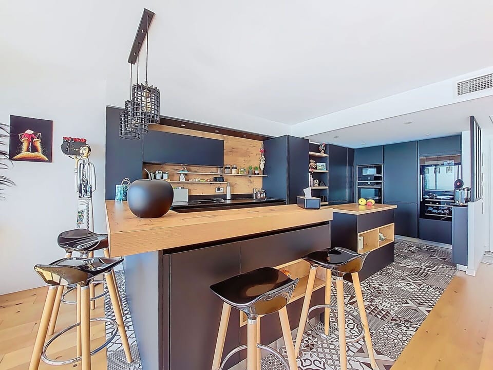 Furniture, Interior Design, Flooring, Countertop, Kitchen, Floor, Wood, Ceiling, Chair, Cabinetry