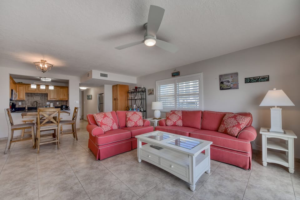 Living Room - pool side unit, ocean view balcony, private beach access, Indialantic, FL