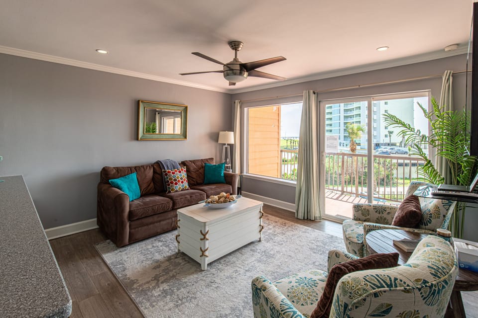 Spacious living room with queen sofa sleeper