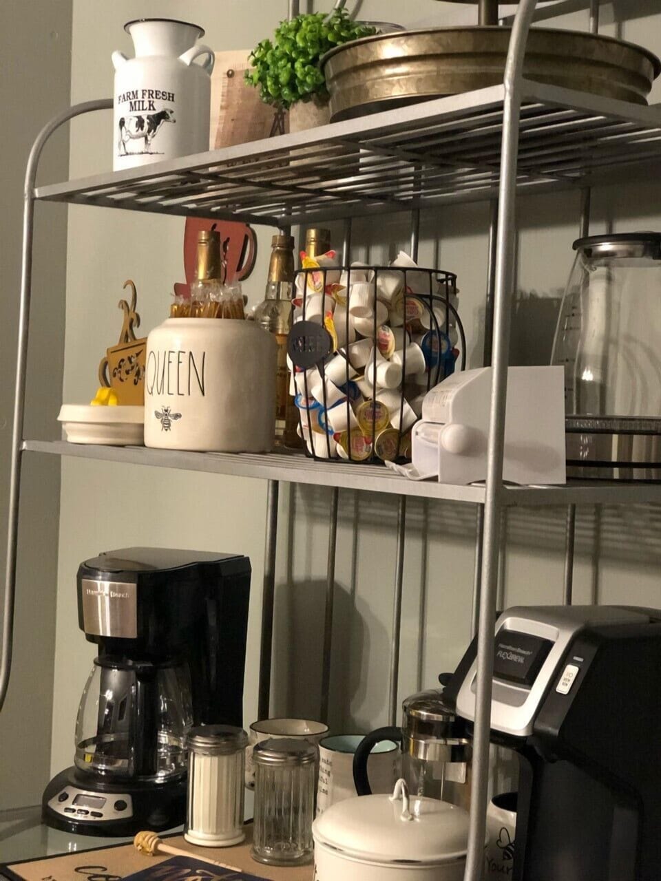 Coffee Bar with Drip coffee pot, Keurig and all the fixings.