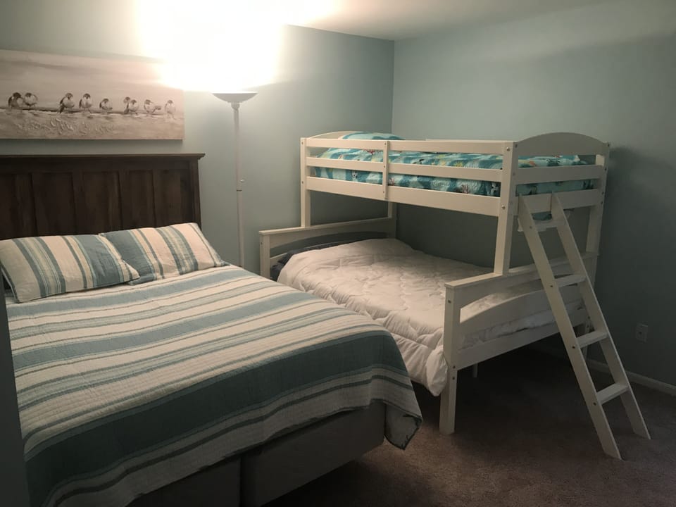 Bedroom #1 with queen bed, twin over full bunk bed and full bathroom!