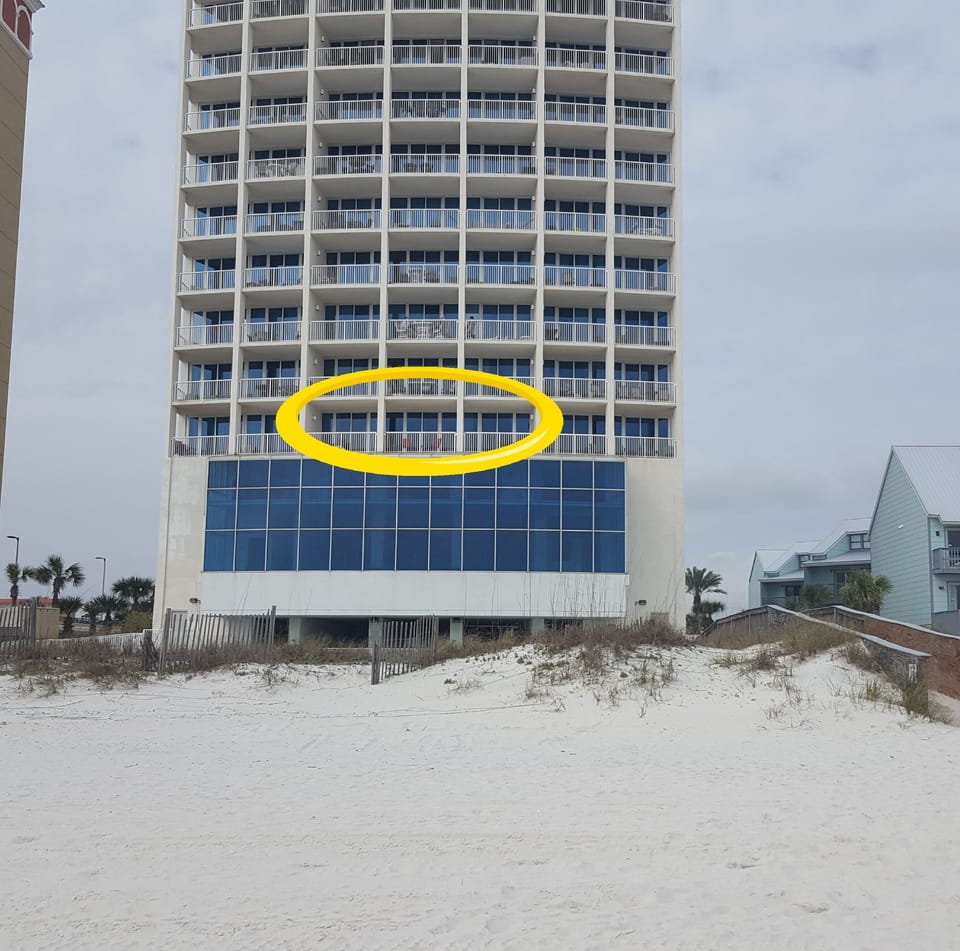 Unit 502 circled (only 3 units/floor) Huge balcony accessible from LR & 2 BR. 