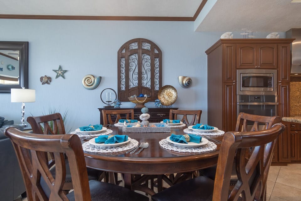 The dining table seats six.