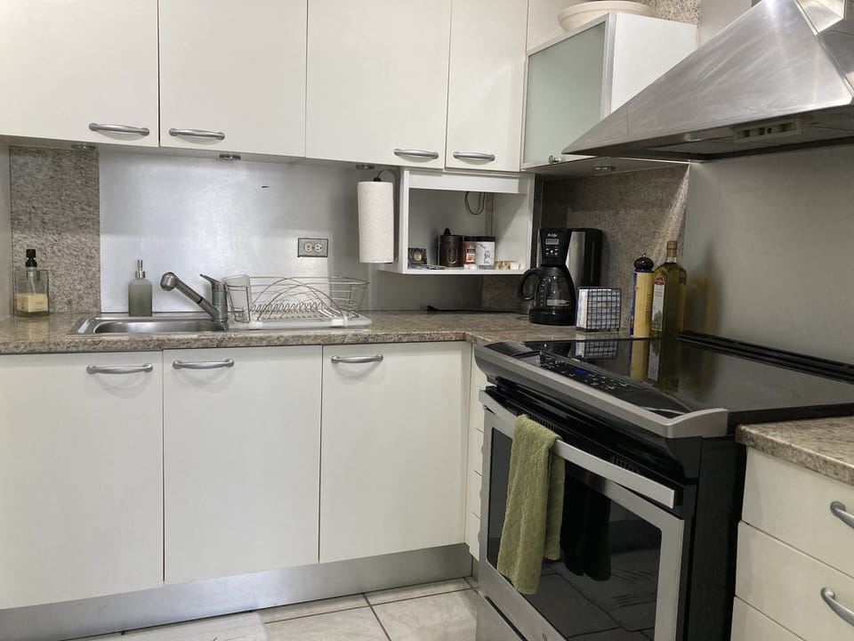 Washer/dryer combo, stove/oven, refrigerator, coffee maker, silver ware etc!