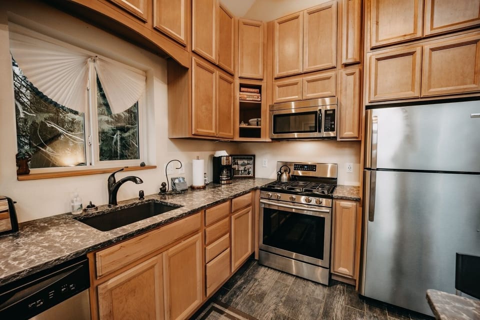 Indoors, Kitchen, Sink, Refrigerator, Microwave