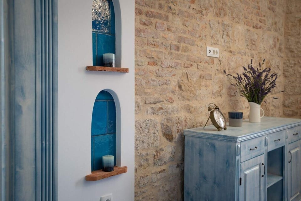 Unique decorations in bedroom of seafront Croatian luxury private villa on Vis with jacuzzi for total privacy.