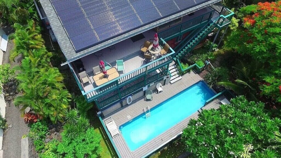 Aerial view of back deck and pool area. 