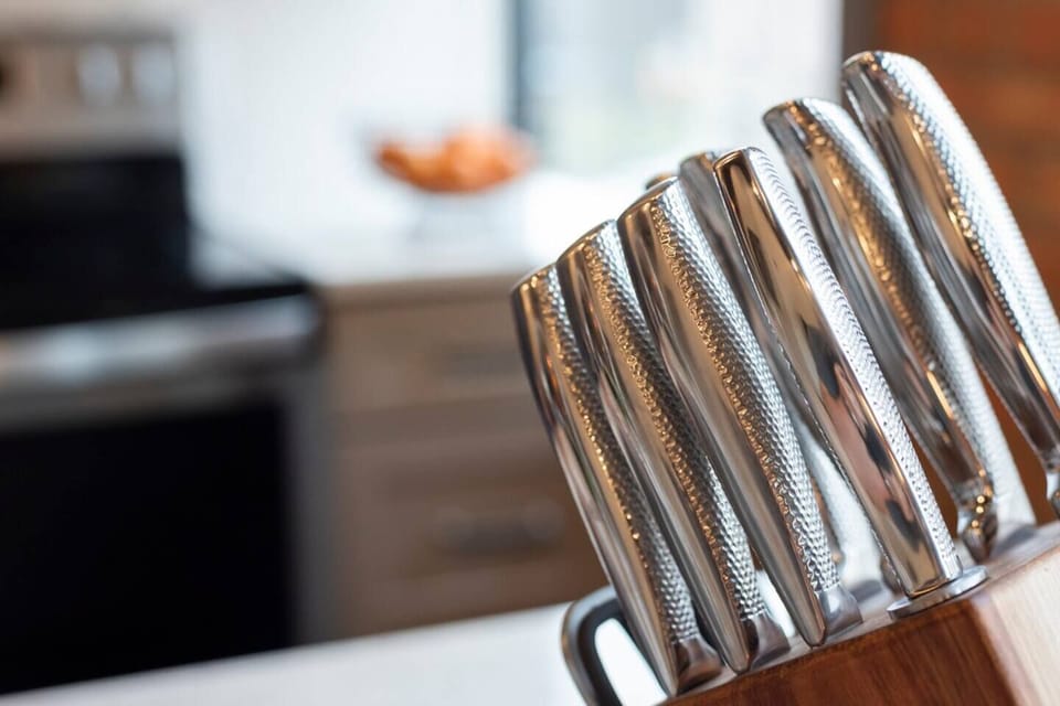 Style shot of kitchen with city view in the background