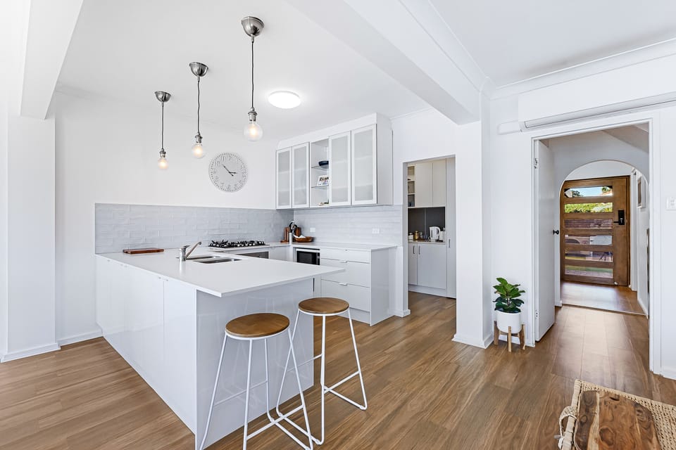 Butler's Pantry with fridge, kettle, toaster, coffee pod machine & pods. 