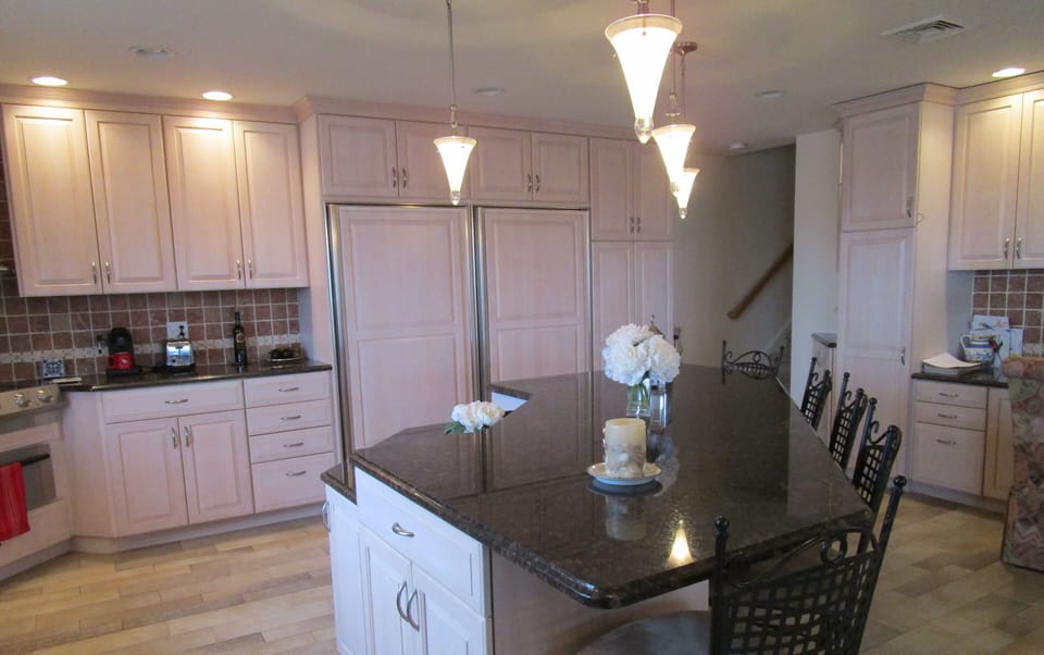 kitchen looking toward Sub Zero separate refrigerator and freezer 