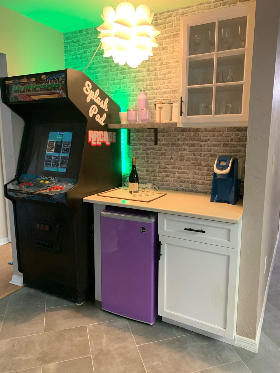 Dry bar with coffee maker.