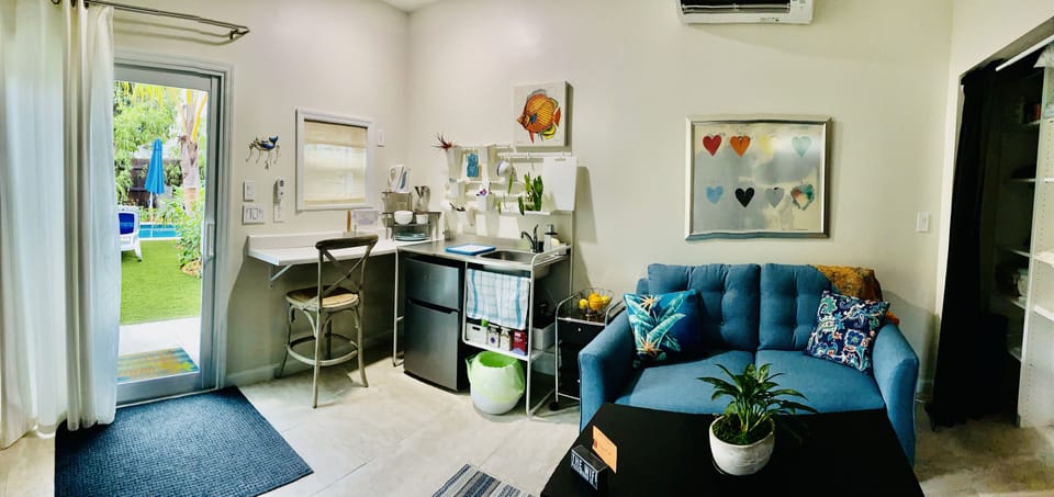 Your space, Kitchenette, loveseat, coffee table.  Closet with essentials.  