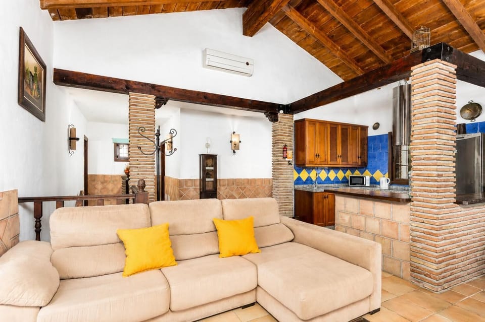 Open-plan living room with sofa, dining area, kitchen, ornamental fireplace, A/C, WiFi internet, and satellite TV