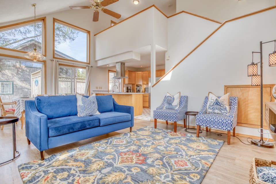 Living room with seating and vibrant accents