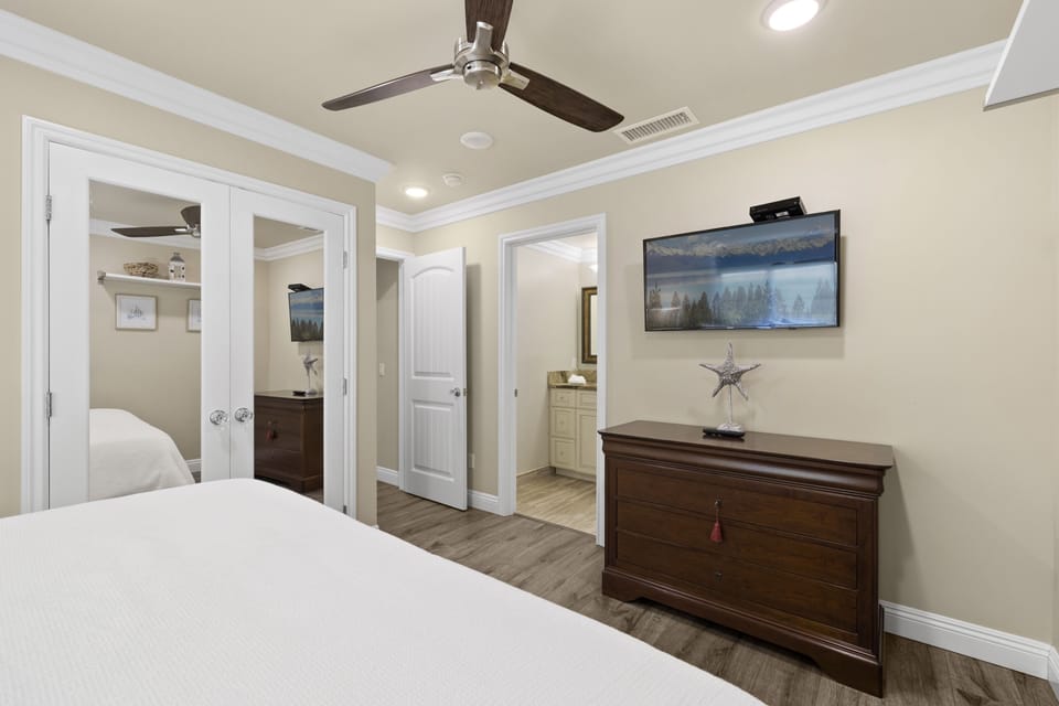 Downstairs Master bed with attached bathroom, mirrored closet, TV, Cieling fan