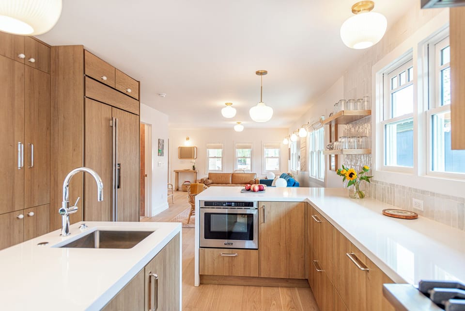 Kitchen with Viking microwave drawer and living room in th ebackground.