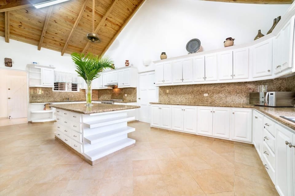 Spacious kitchen with fine marble tops and kitchen island . features all appliances .