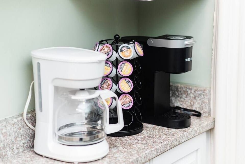 Coffee options. Drip coffee provided. There is a keurig machine as well, no cups provided