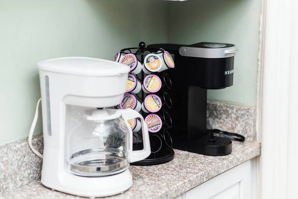 Coffee options. Drip coffee provided. There is a keurig machine as well, no cups provided
