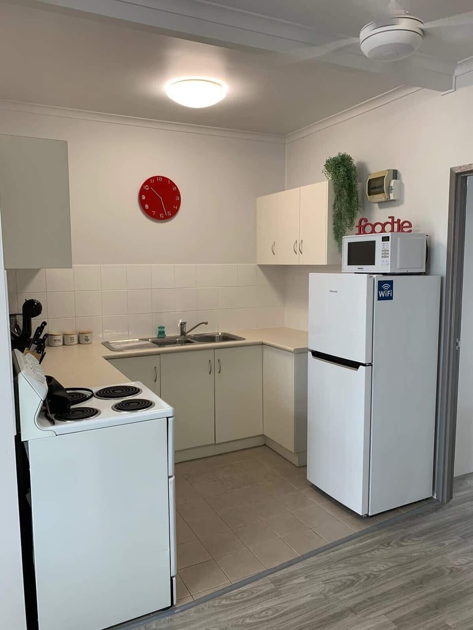 A fully equipped kitchen is yours to use. All pots, pans, cutlery, crockery, glasses and utensils are there. A good sized fridge will keep both your food and bevies cold.