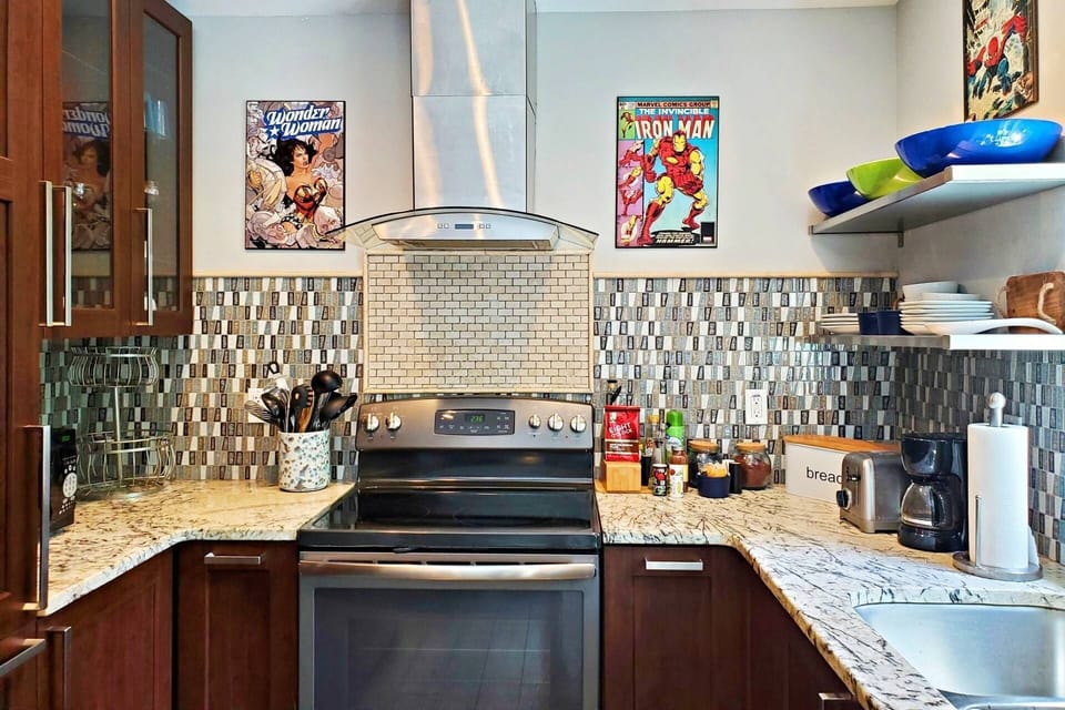 Kitchen is fully stocked to prepare meals.
