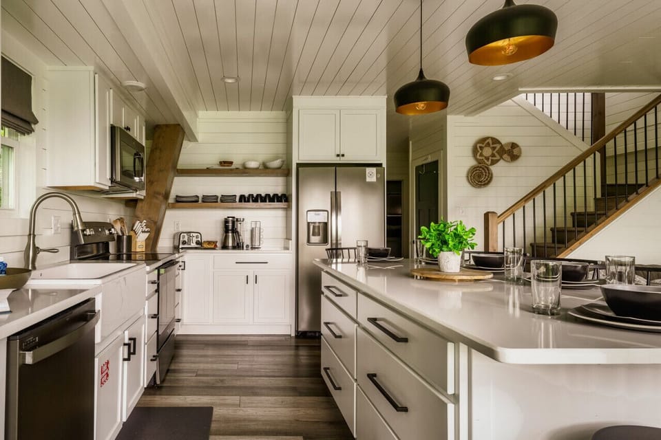 Open kitchen area with a large island
