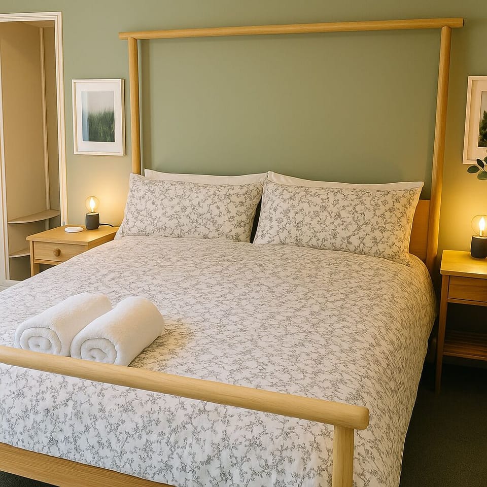 A cozy, peaceful bedroom with a large wooden bed, soft bedding, and natural light flooding in. Minimalist decor and warm bedside lamps create a calming retreat for your stay. Perfect for relaxing after a busy day.