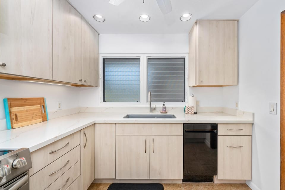 There is plenty of counter space to prepare meals. 