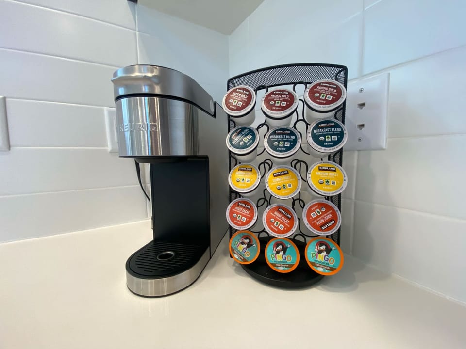 Morning coffee’s on us! We provide the Keurig and complimentary coffee pods.