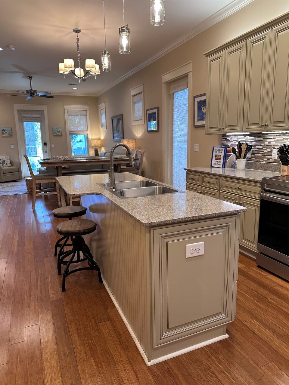Kitchen Island, looking towards the front of the house, provides seating for 2.