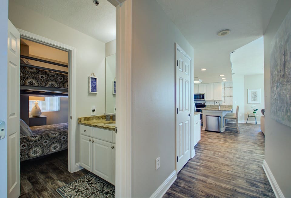 View from door of Master Bedroom. Guest bed/bath #1 with hallway access.