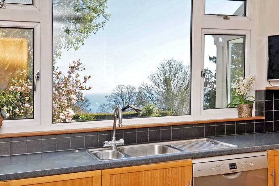 Sea views from the kitchen sink.  (there is a dishwasher though!) 
