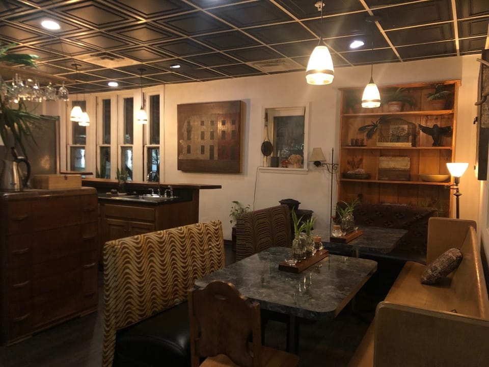 Diner booths and a church pew