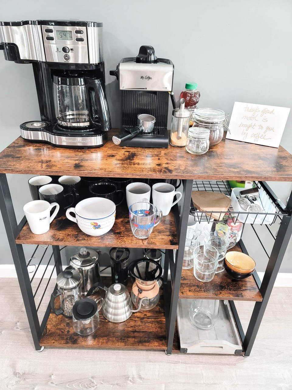 Coffee and tea bar with multiple coffee-making options! 