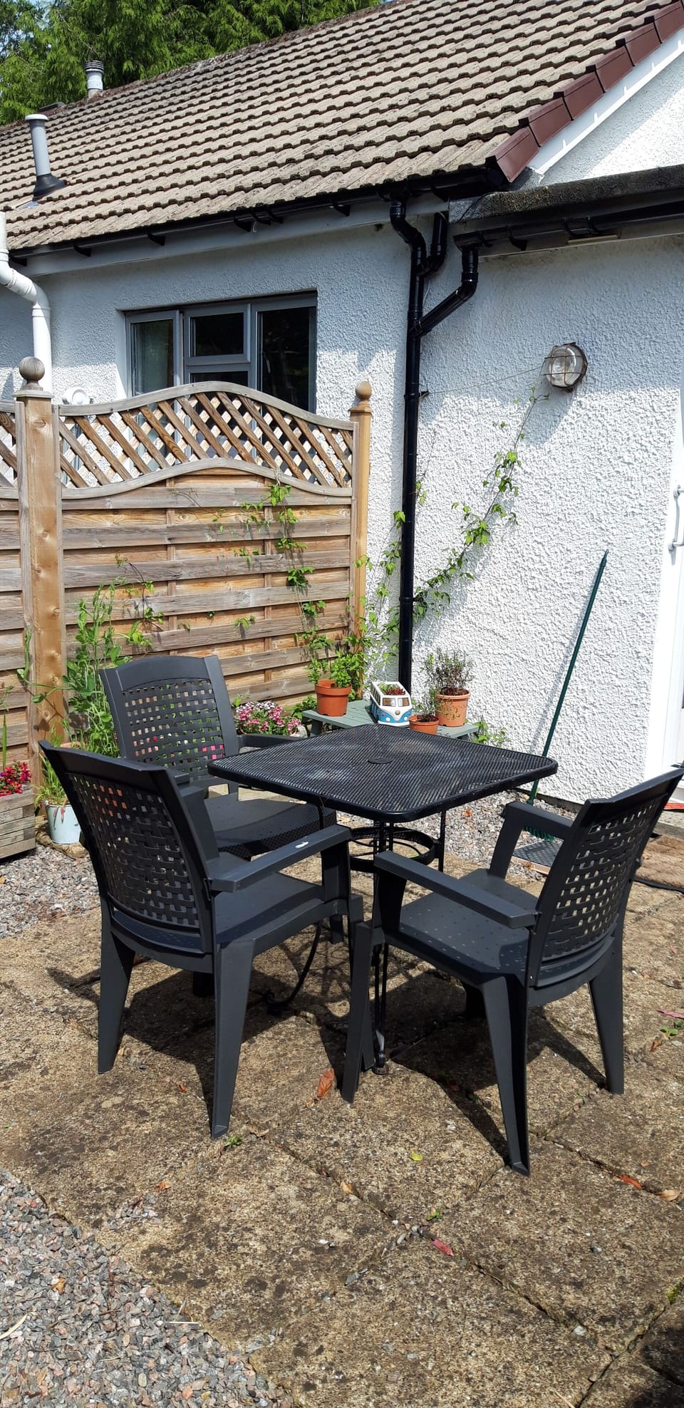 Private patio with chairs. 