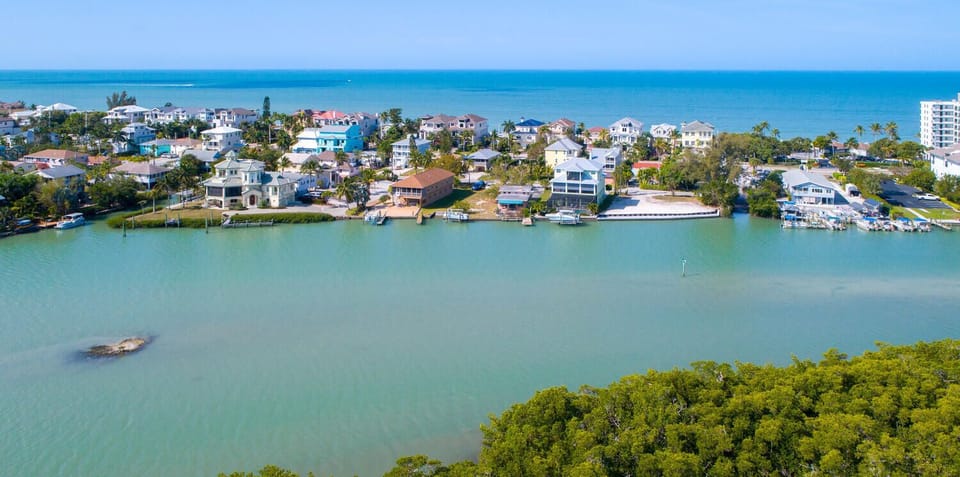 Aerial view of bay and beach.