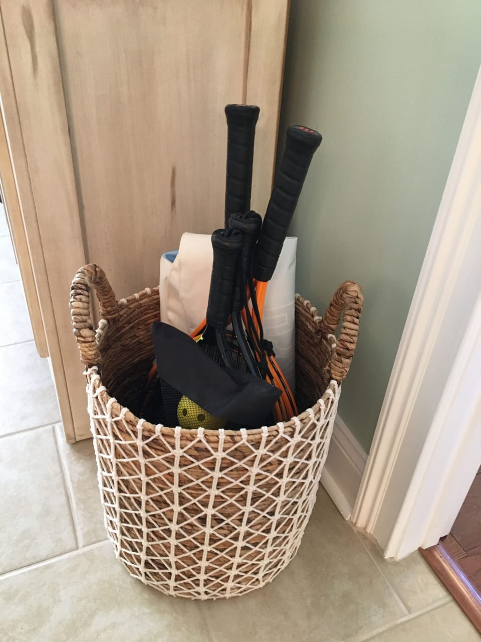 Beach bag, tennis/racquetball/pickleball racquets and balls