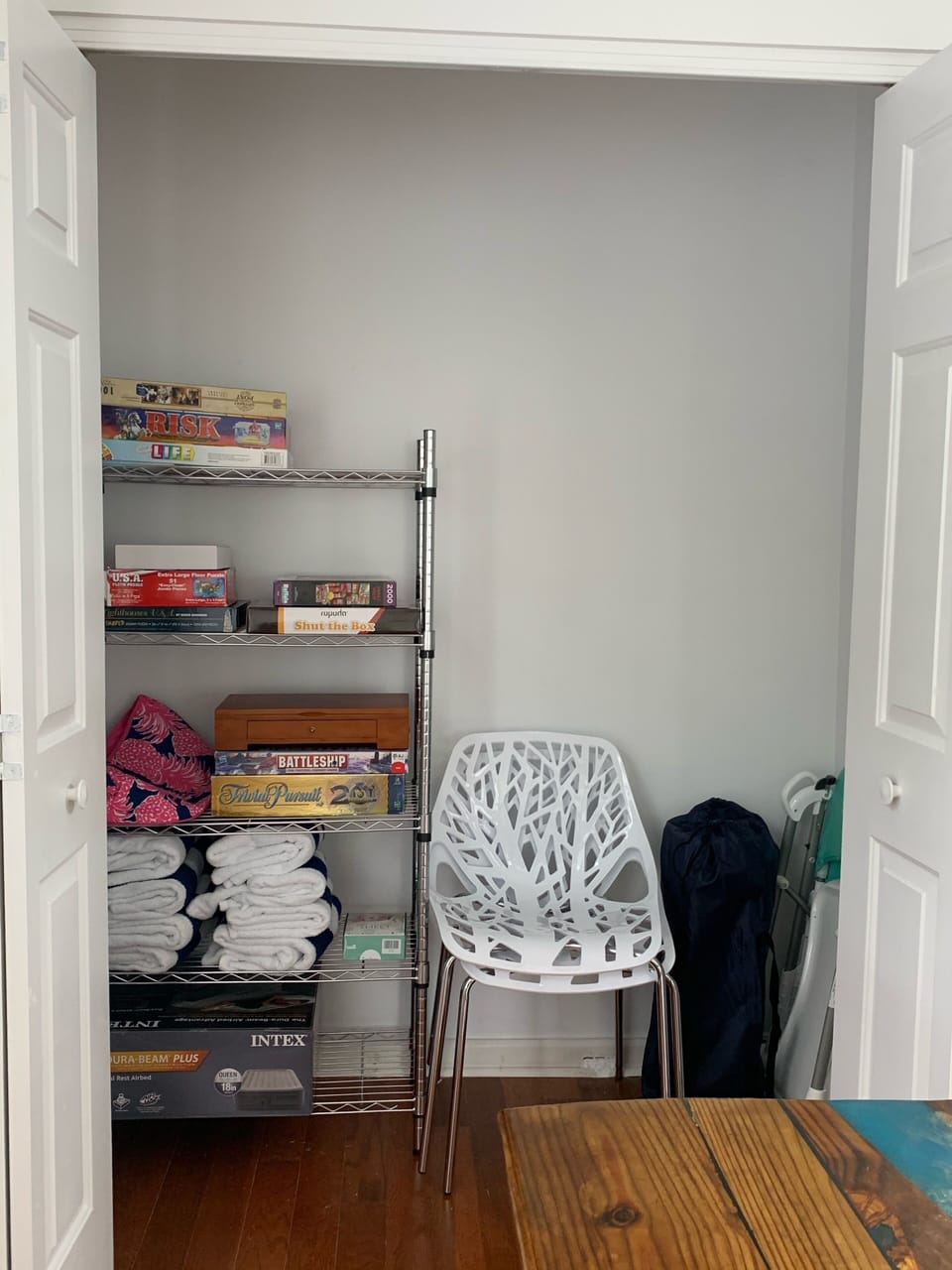 Beach towels
Queen size air mattress 
Ironing board
Travel crib
High chair
