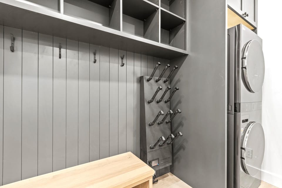 Custom built-ins offer plenty of space to store boots, gear, and outerwear.
