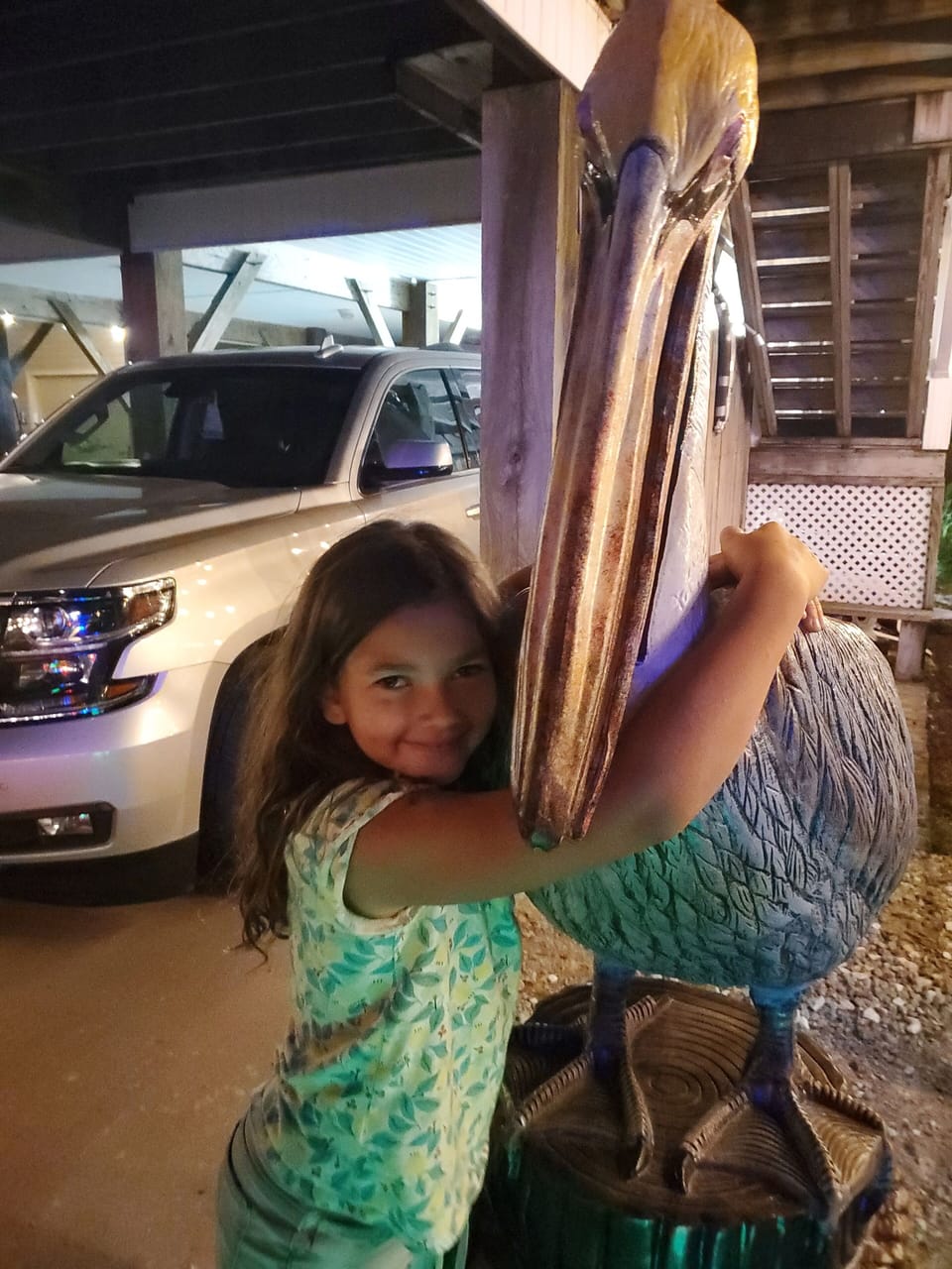 This is our granddaughter with our mascot, Mr Perky, the 6.5' tall pelican!